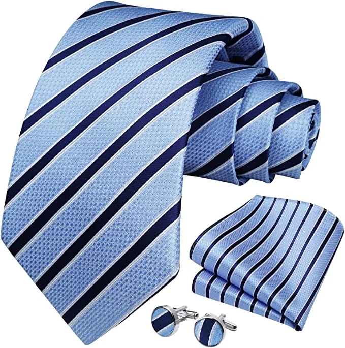 Sky Blue and Navy Striped Necktie Set-HDNE67