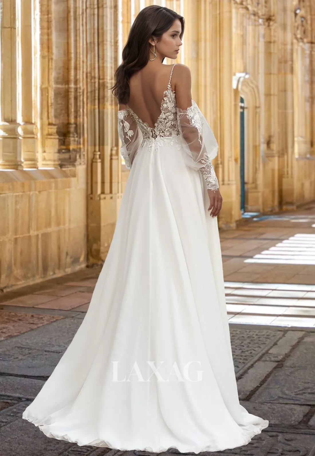 Spaghetti Straps V-Neck Off-Shoulder Bride Gowns Tulle Long-Sleeves Applique A-Line Wedding Dress