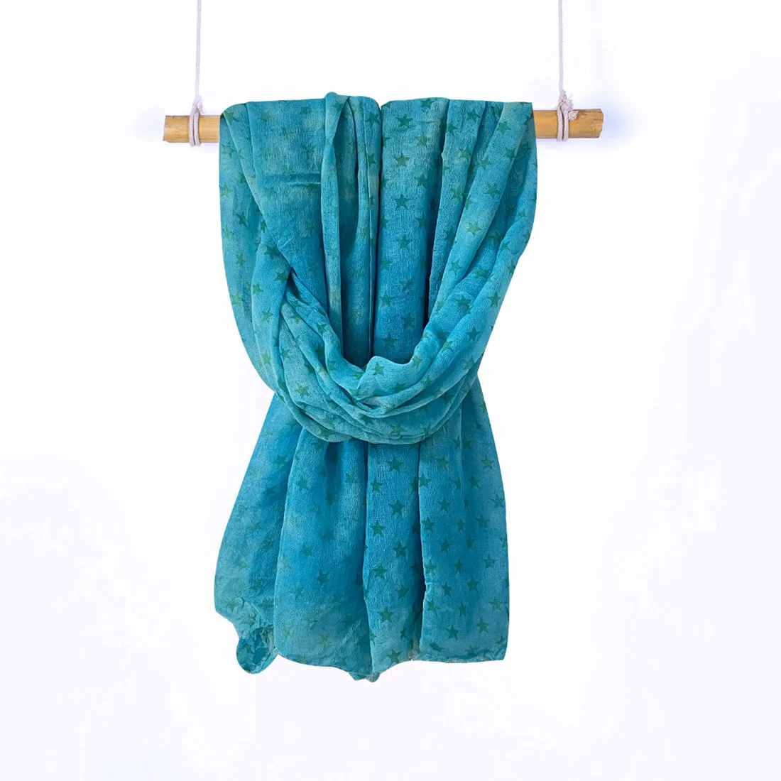 Star Printed Sky Blue Fringe Single Yarn Wool Scarf