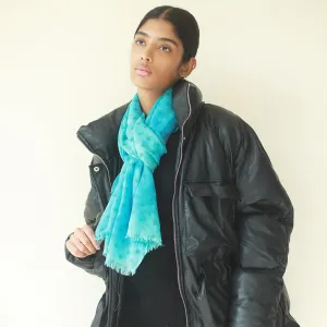 Star Printed Sky Blue Fringe Single Yarn Wool Scarf