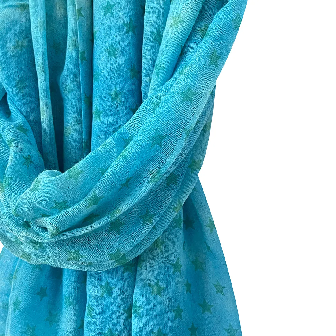 Star Printed Sky Blue Fringe Single Yarn Wool Scarf