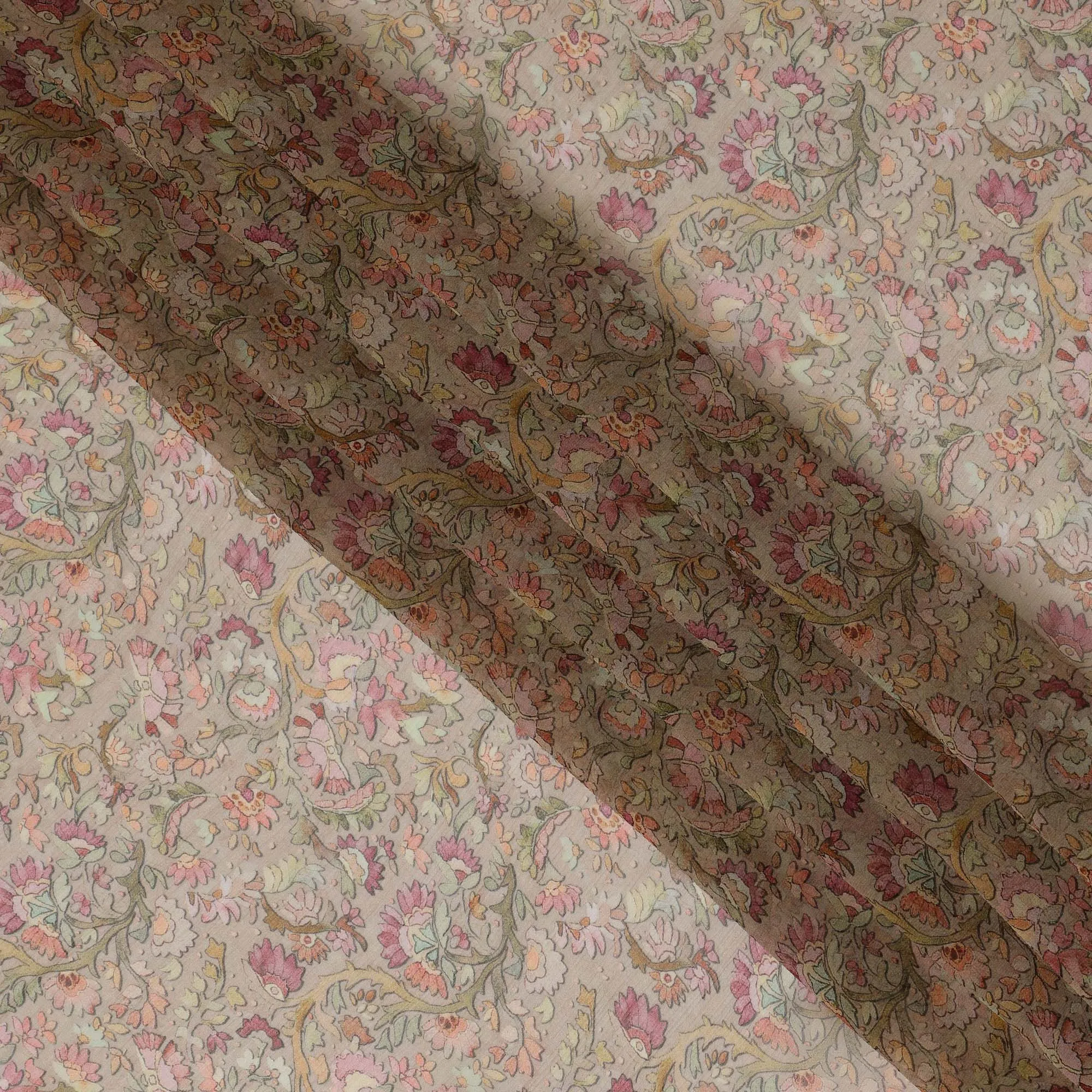 Taupe Synthetic Crepe Fabric with Colorful Floral Print, 110 cm Width-D20690