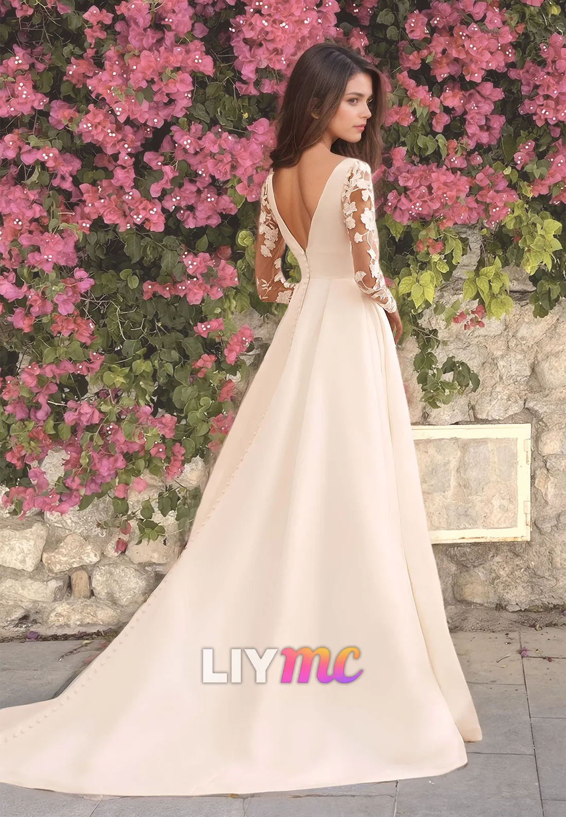V-Neck Appliques Long Sleeves Pleated A-Line Satin Wedding Dress