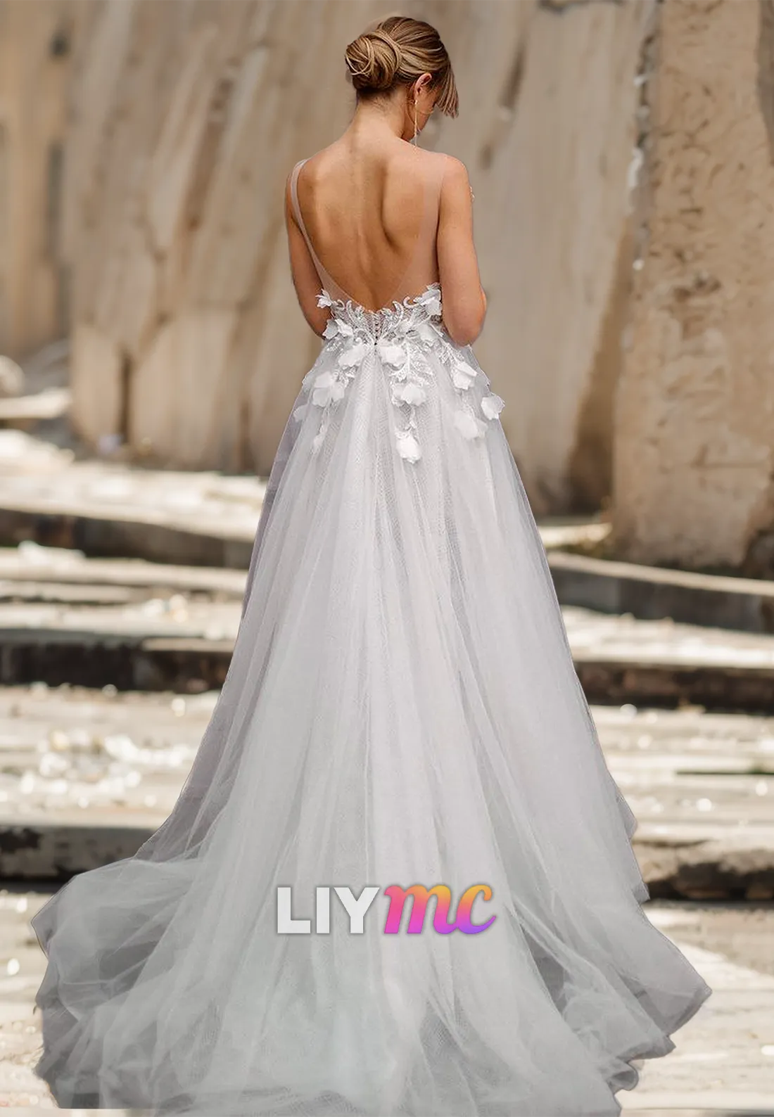V-Neck Spaghetti Straps Floral Embellished Tulle A-Line Wedding Dress