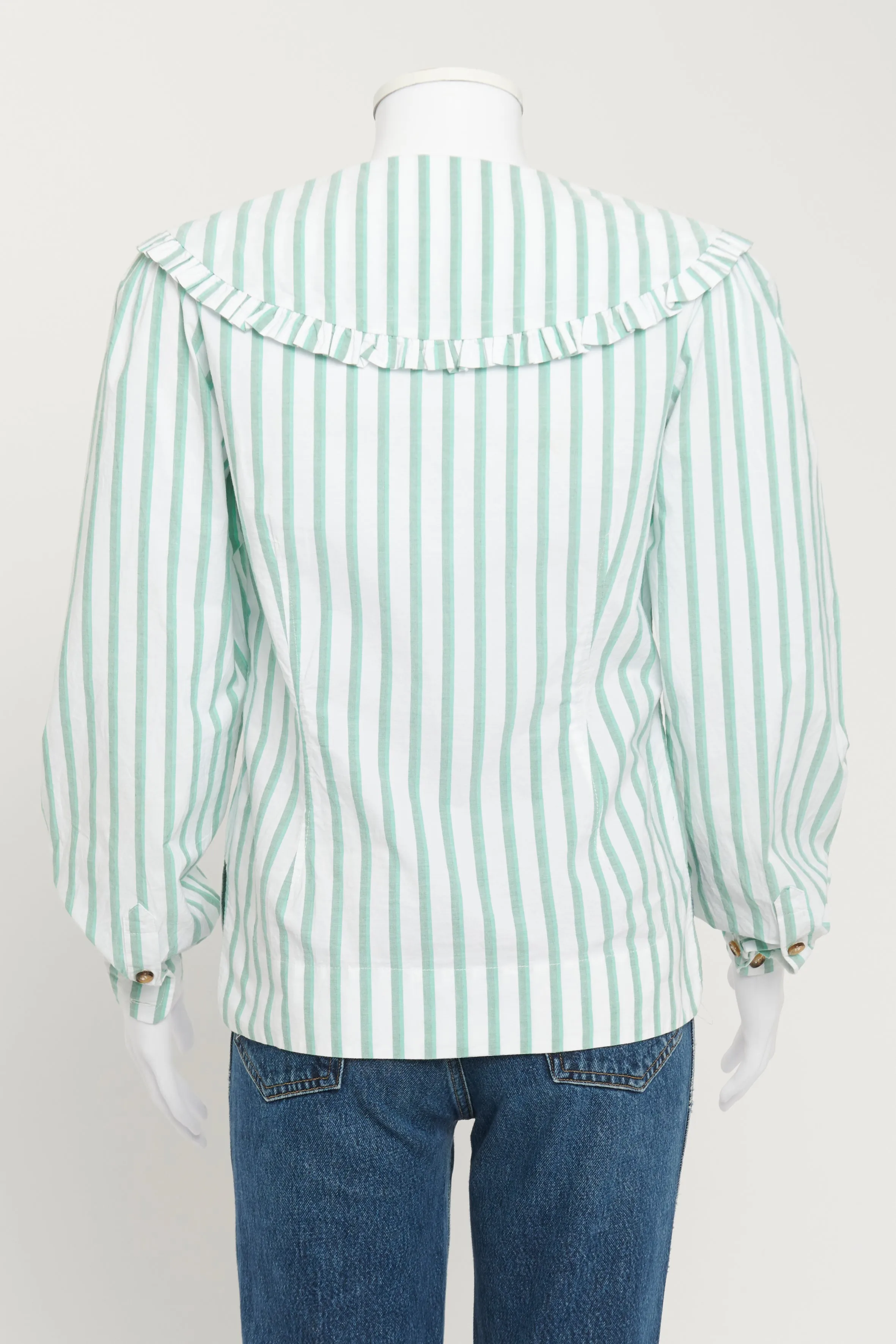 White and Green Striped Blouse with Ruffled Collar