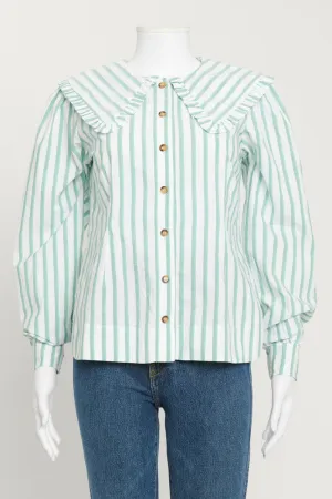 White and Green Striped Blouse with Ruffled Collar