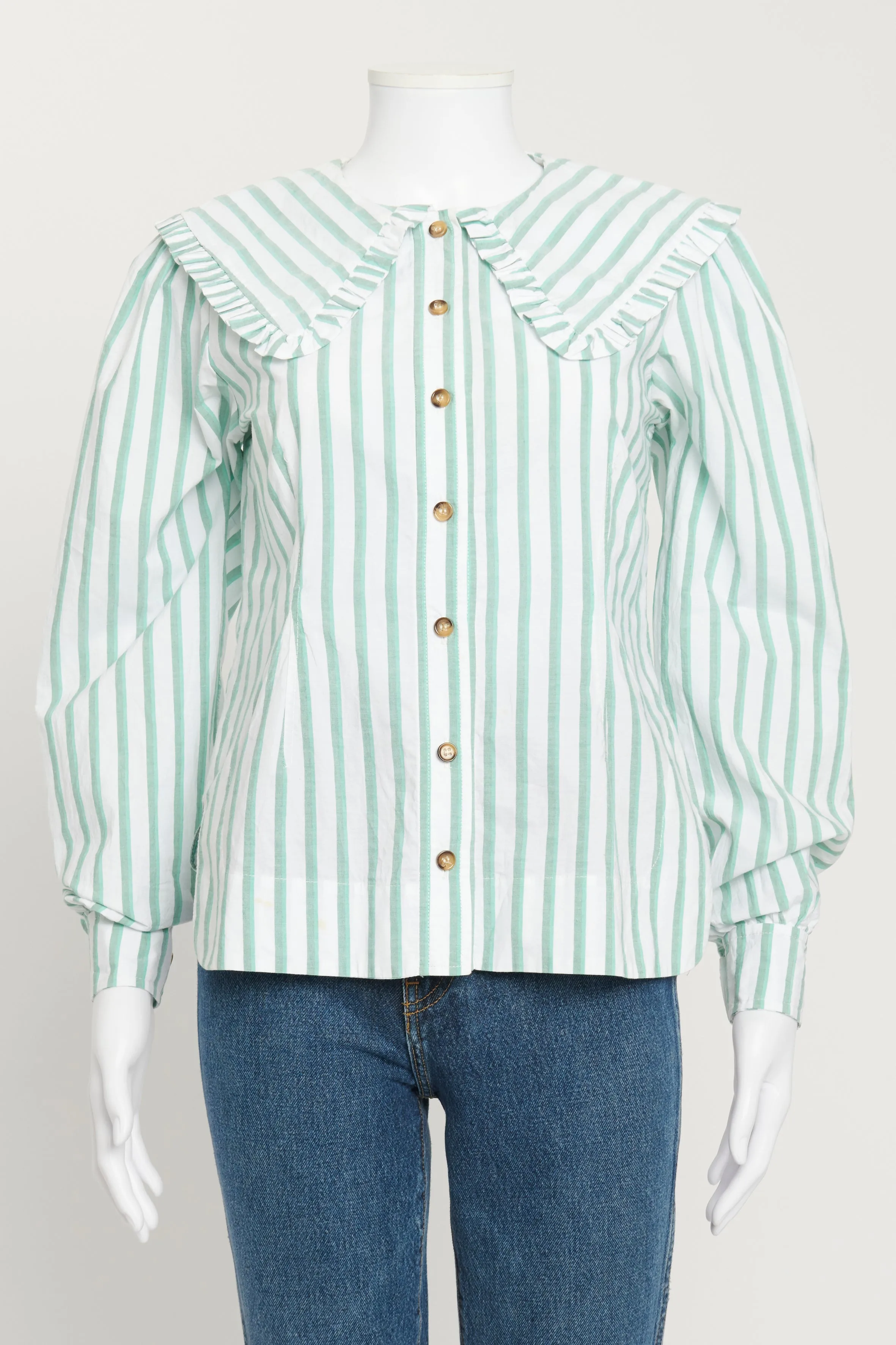 White and Green Striped Blouse with Ruffled Collar