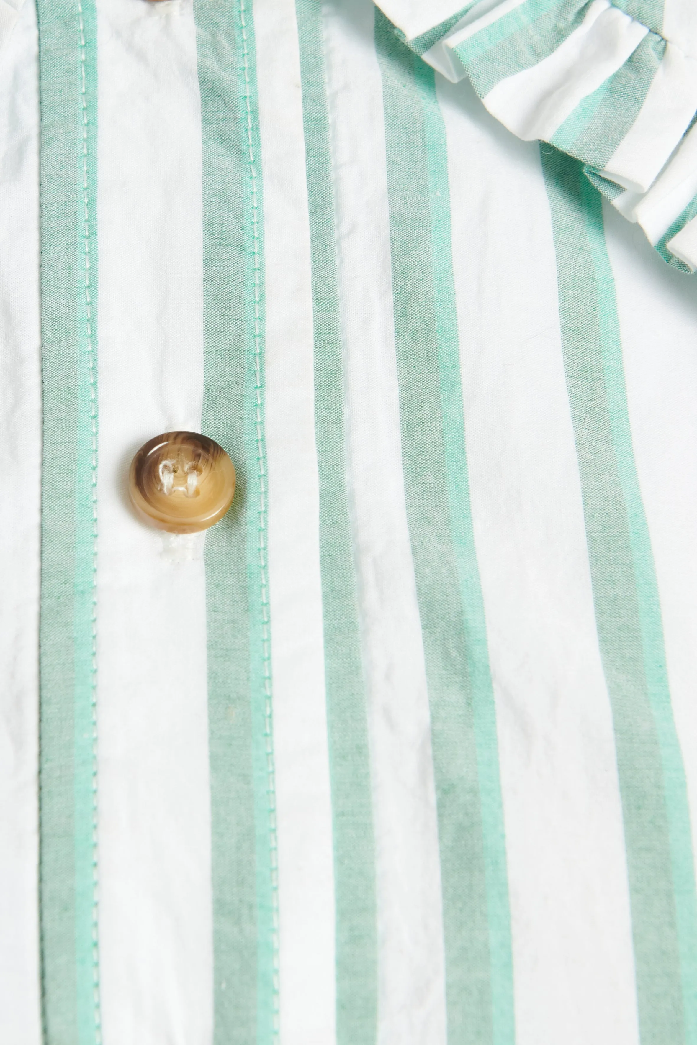White and Green Striped Blouse with Ruffled Collar