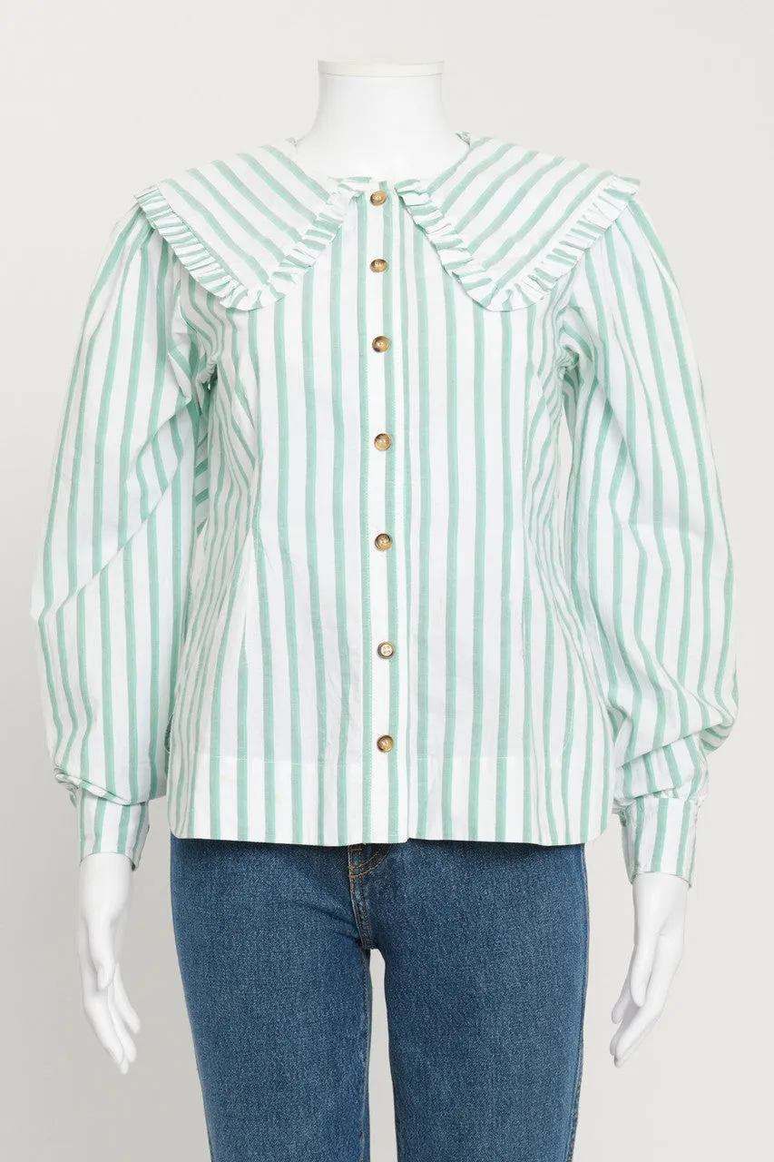 White and Green Striped Blouse with Ruffled Collar