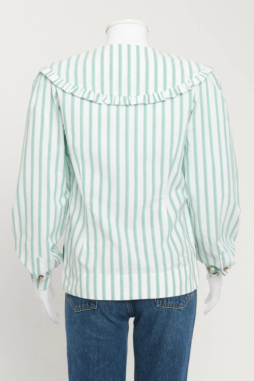 White and Green Striped Blouse with Ruffled Collar