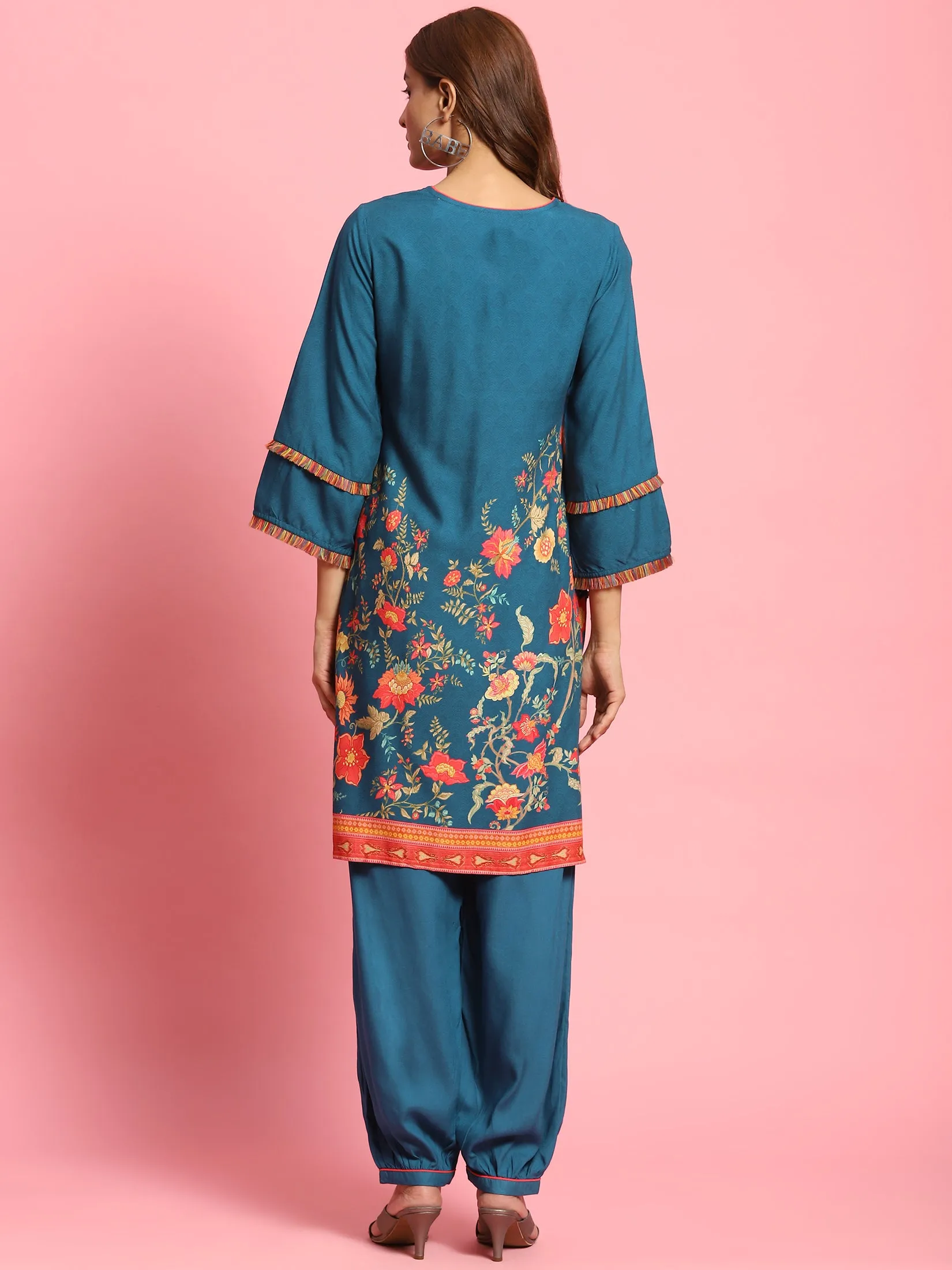 Women Blue Floral Printed Kurta With Harem Pant