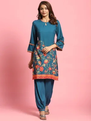 Women Blue Floral Printed Kurta With Harem Pant